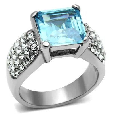 Fashnzfab High Polished (no Plating) Stainless Steel Ring With Top Grade Crystal In Sea Blue In Metallic