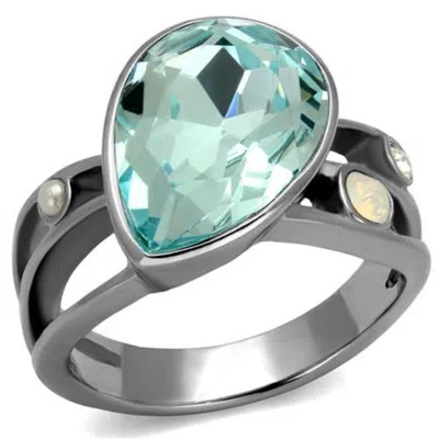 Fashnzfab High Polished (no Plating) Stainless Steel Ring With Top Grade Crystal In Sea Blue In Multi