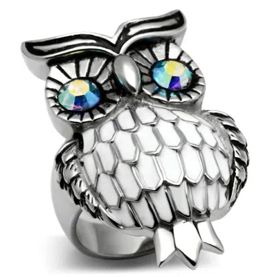 Fashnzfab High Polished (no Plating) Stainless Steel Ring With Top Grade Crystal In Sea Blue In Silver
