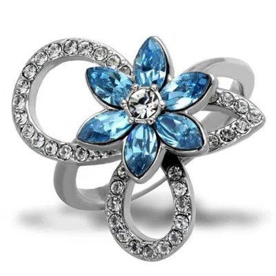Fashnzfab High Polished (no Plating) Stainless Steel Ring With Top Grade Crystal In Sea Blue In Silver