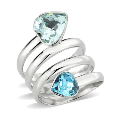 Fashnzfab High Polished (no Plating) Stainless Steel Ring With Top Grade Crystal In Seablue In Silver