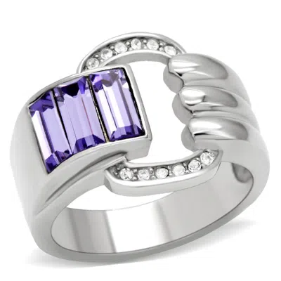 Fashnzfab High Polished (no Plating) Stainless Steel Ring With Top Grade Crystal In Tanzanite In Metallic