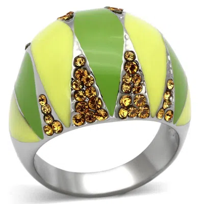 Fashnzfab High Polished (no Plating) Stainless Steel Ring With Top Grade Crystal In Topaz In Green