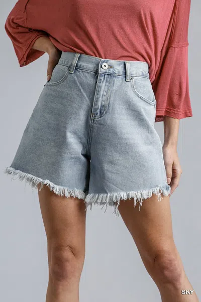 Fashnzfab High Rise Denim Shorts With Raw Hem In Blue