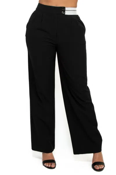 Fashnzfab High-rise Wide Elastic Contrast Waist Pants In Black