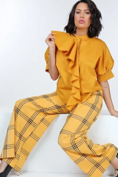 Fashnzfab High Waist Plaid Print Wide Leg Pants In Gold