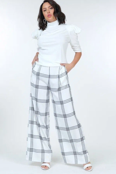 Fashnzfab High Waist Plaid Print Wide Leg Pants In White