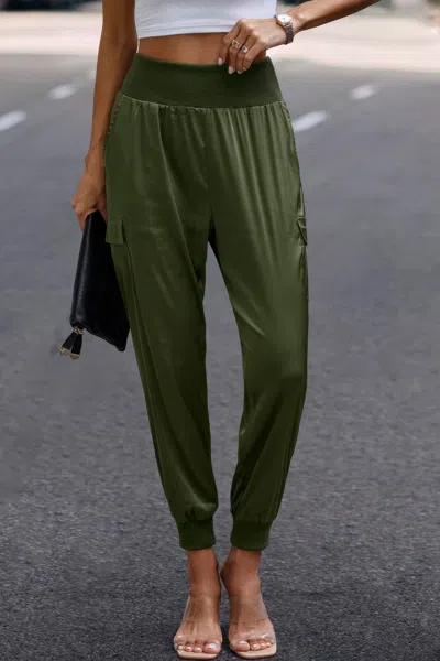 Fashnzfab High Waist Trousers Pocket Satin Jogger Casual Pants
