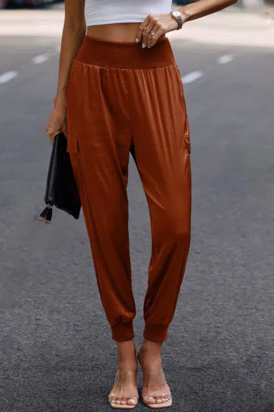 Fashnzfab High Waist Trousers Pocket Satin Jogger Casual Pants