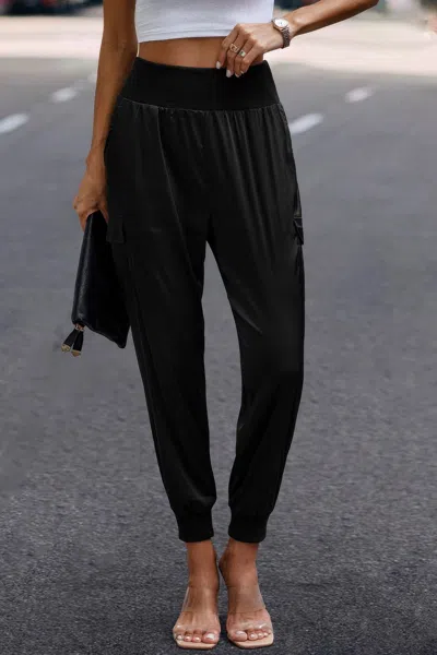 Fashnzfab High Waist Trousers Pocket Satin Jogger Casual Pants