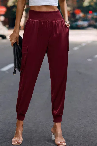 Fashnzfab High Waist Trousers Pocket Satin Jogger Casual Pants In Red