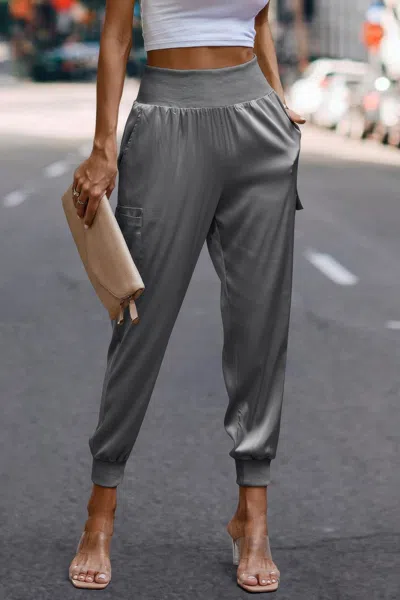 Fashnzfab High Waist Trousers Pocket Satin Jogger Casual Pants In Gray