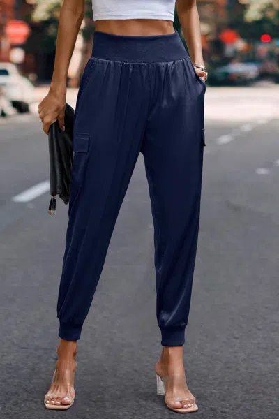 Fashnzfab High Waist Trousers Pocket Satin Jogger Casual Pants In Blue