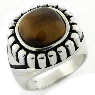 Fashnzfab High-polished 925 Sterling Silver Ring With Synthetic Tiger Eye In Brown In Multi