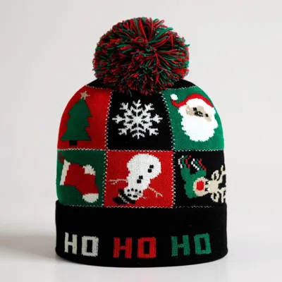 Fashnzfab Ho Ho Ho Christmas Theme Pattern Pom Pom Winter Beanie Hat In Multi