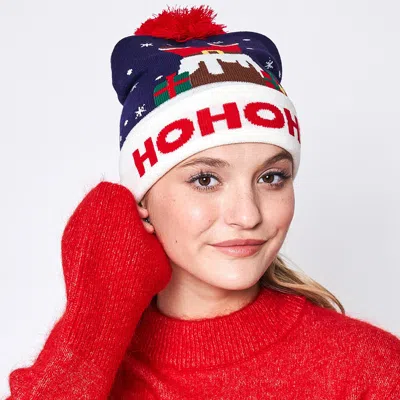 Fashnzfab Hohoho Message Santa Claus Pom Pom Beanie Hat In Blue