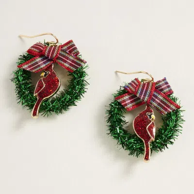 Fashnzfab Holiday Bow Accent Cardinal Wreath Dangle Earrings In Gold