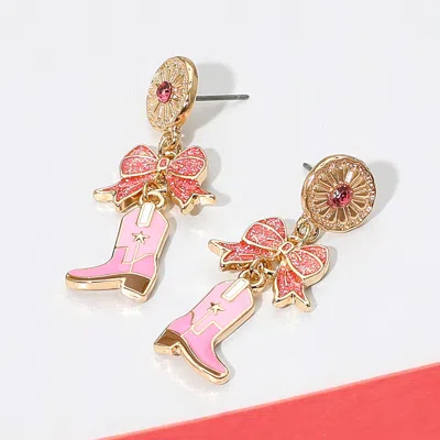 Fashnzfab Holiday Bow Accent Western Boot Dangle Earrings In Pink