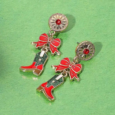 Fashnzfab Holiday Bow Accent Western Boot Dangle Earrings In Red