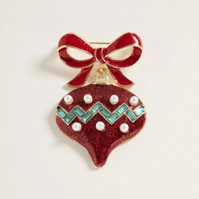 Fashnzfab Holiday Bow Pearl Ornament Pin Brooch In Red