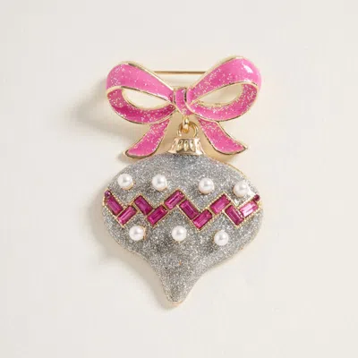 Fashnzfab Holiday Bow Pearl Ornament Pin Brooch In Silver