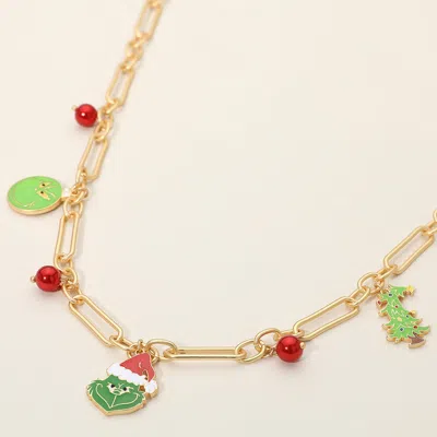 Fashnzfab Holiday Enamel Grinch Charm Station Necklace In Gold