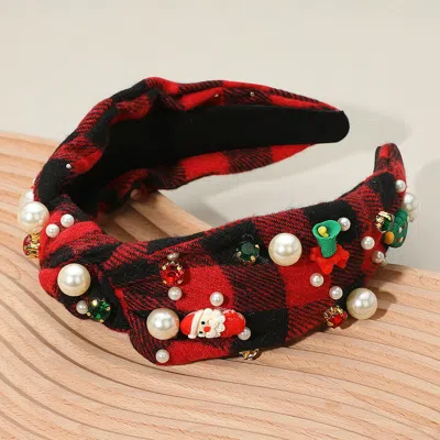 Fashnzfab Holiday Festival Charm Pearl Embellished Plaid Knot Headband In Multi