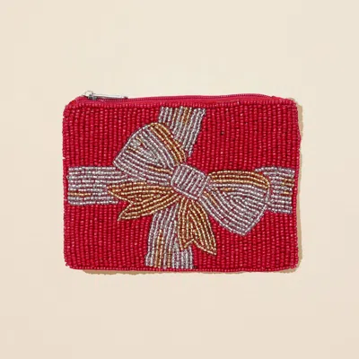 Fashnzfab Holiday Gift Bow Seed Beaded Mini Pouch Bag In Red