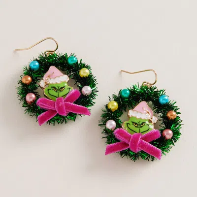 Fashnzfab Holiday Green Monster Wreath Dangle Earrings In Pink