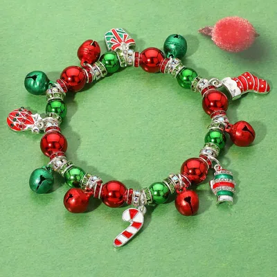 Fashnzfab Holiday Motif Jingle Bell Christmas Charm Beaded Stretch Bracelet Multi, Silver