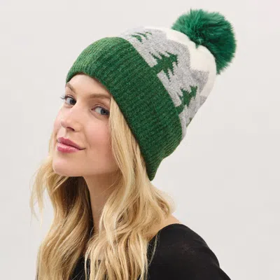 Fashnzfab Holiday Pine Tree Pattern Fleeced Pom Pom Winter Beanie Hat In Green