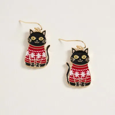 Fashnzfab Holiday Sweater Black Cat Dangle Earrings In Gold