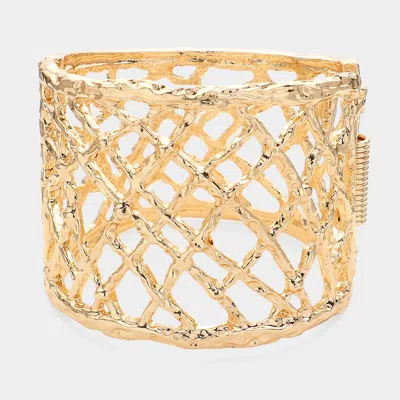Fashnzfab Hollow Out Cut Textured Metal Hinged Bracelet Gold
