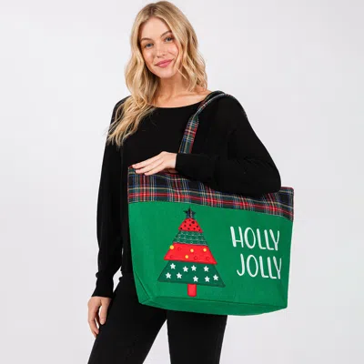 Fashnzfab Holly Jolly Letter Christmas Tree Tote Bag In Green