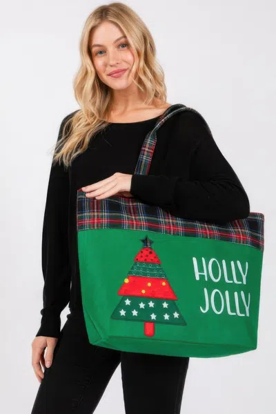 Fashnzfab Holly Jolly Letter Christmastree Christmas Totebag In Green