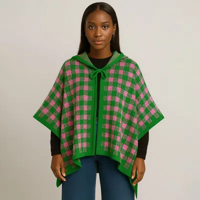 Fashnzfab Hooded Checkered Pattern Knit Cape Poncho In Multi