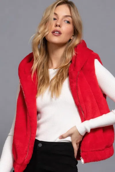 Fashnzfab Hoodie Faux Fur Vest In Red
