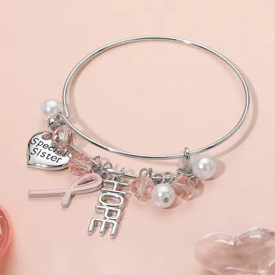 Fashnzfab Hope Heart Special Sister Pink Ribbon Pearl Faceted Bead Charm Bangle Bracelet Light, Pink In Multi