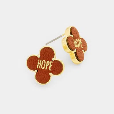 Fashnzfab Hope Leather Quatrefoil Clover Stud Earring In Brown