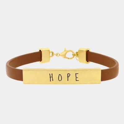 Fashnzfab Hope Message Bar Faux Leather Bracelet Brown, Matte Gold In Multi