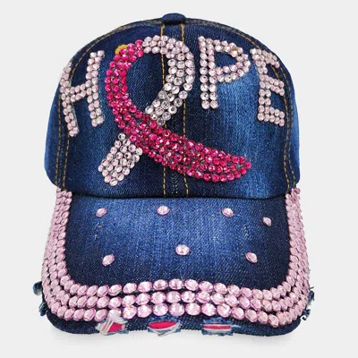 Fashnzfab Hope Message Bling Pink Ribbon Baseball Cap In Blue
