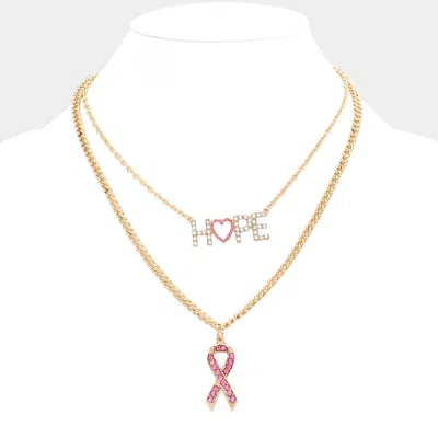 Fashnzfab Hope Message Pink Ribbon Pendant Double Layered Necklace In Multi