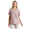 Fashnzfab Horizontal And Vertical Striped Short Folded Sleeve Top With High Low Hem In Red