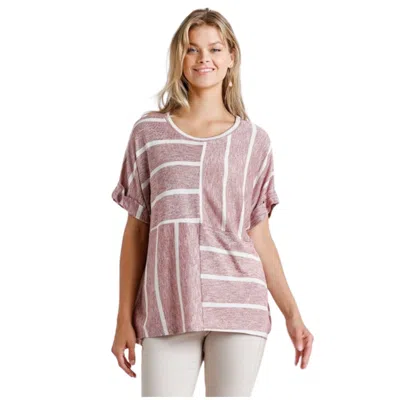 Fashnzfab Horizontal And Vertical Striped Short Folded Sleeve Top With High Low Hem In Red