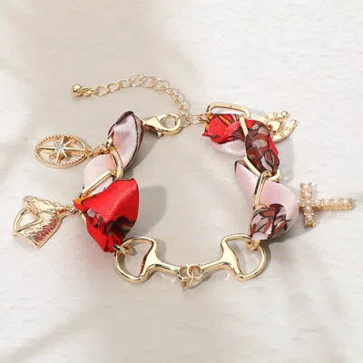 Fashnzfab Horsebit Link Center Horse Horseshoe Pearl Cross Starburst Charm Station Fabric Bracelet In Gold