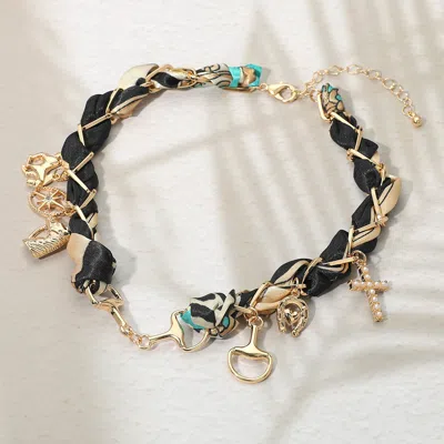 Fashnzfab Horsebit Link Center Horse Horseshoe Pearl Cross Starburst Charm Station Fabric Necklace In Brown