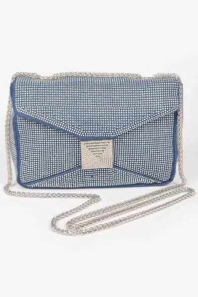 Fashnzfab Hot Fix Rhinestone Denim Clutch In Blue