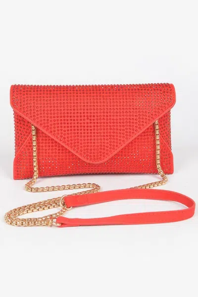 Fashnzfab Hot Fix Rhinestones Envelope Clutch In Red