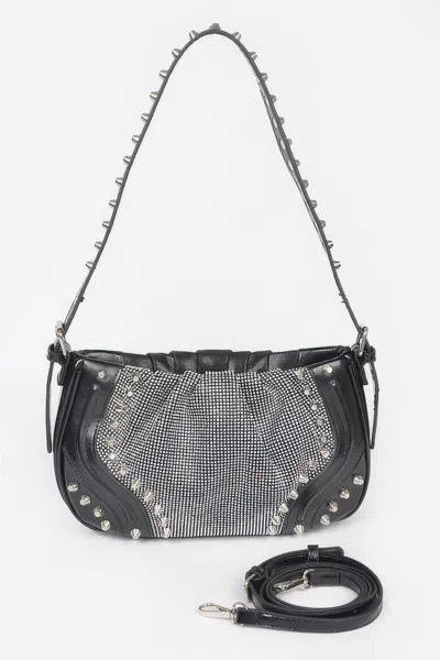 Fashnzfab Hot Fix Stones Metal Stud Shoulder Bag In Black