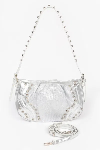 Fashnzfab Hot Fix Stones Metal Stud Shoulder Bag In Silver